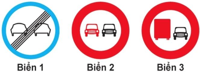 Các biển báo cấm vượt: Biển cấm ô tô tải vượt (P.126), Biển hết cấm vượt (P.127), Biển cấm tất cả các loại xe cơ giới vượt (P.125)