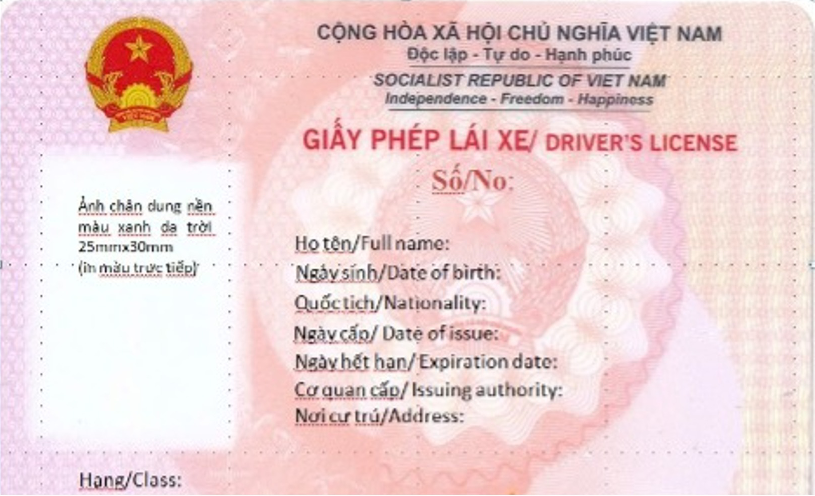 Mặt trước bằng lái xe ô tô hạng B mới