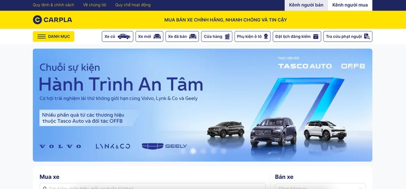 Giao diện Carpla.vn, nền tảng mua bán xe ô tô toàn diện