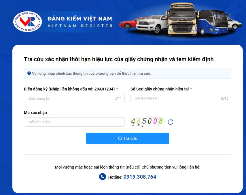 Giao diện tra cứu thông tin gia hạn đăng kiểm xe ô tô