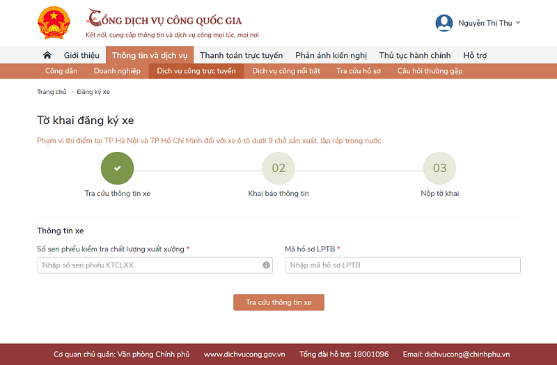 Giao diện Cổng Dịch vụ công Quốc gia cho thủ tục đăng ký xe ô tô điện trực tuyến