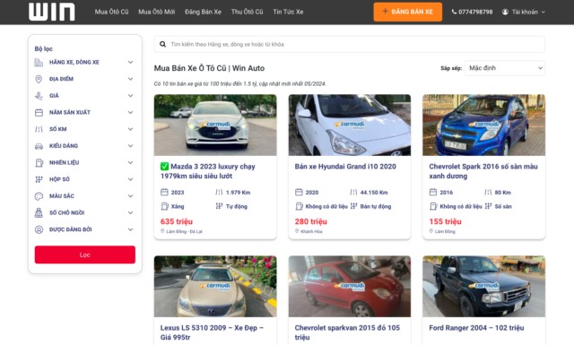 Giao diện trang web xe ô tô Winauto.vn