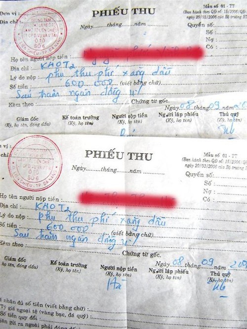 Biên lai thu phí đào tạo lái xe