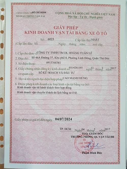 Giấy phép kinh doanh vận tải hành khách du lịch