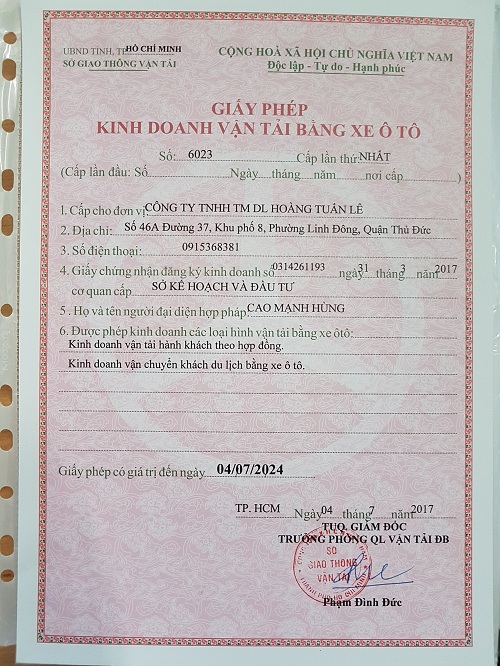 Mẫu giấy phép kinh doanh vận tải hành khách bằng xe ô tô