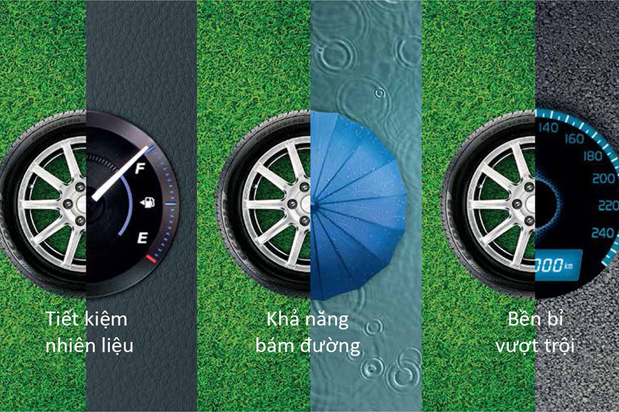 Đánh giá đặc điểm và tuổi thọ của lốp xe ô tô mới Bốn chiếc lốp xe ô tô mới được xếp chồng lên nhau, thể hiện độ dày gai lốp và kết cấu bề mặt