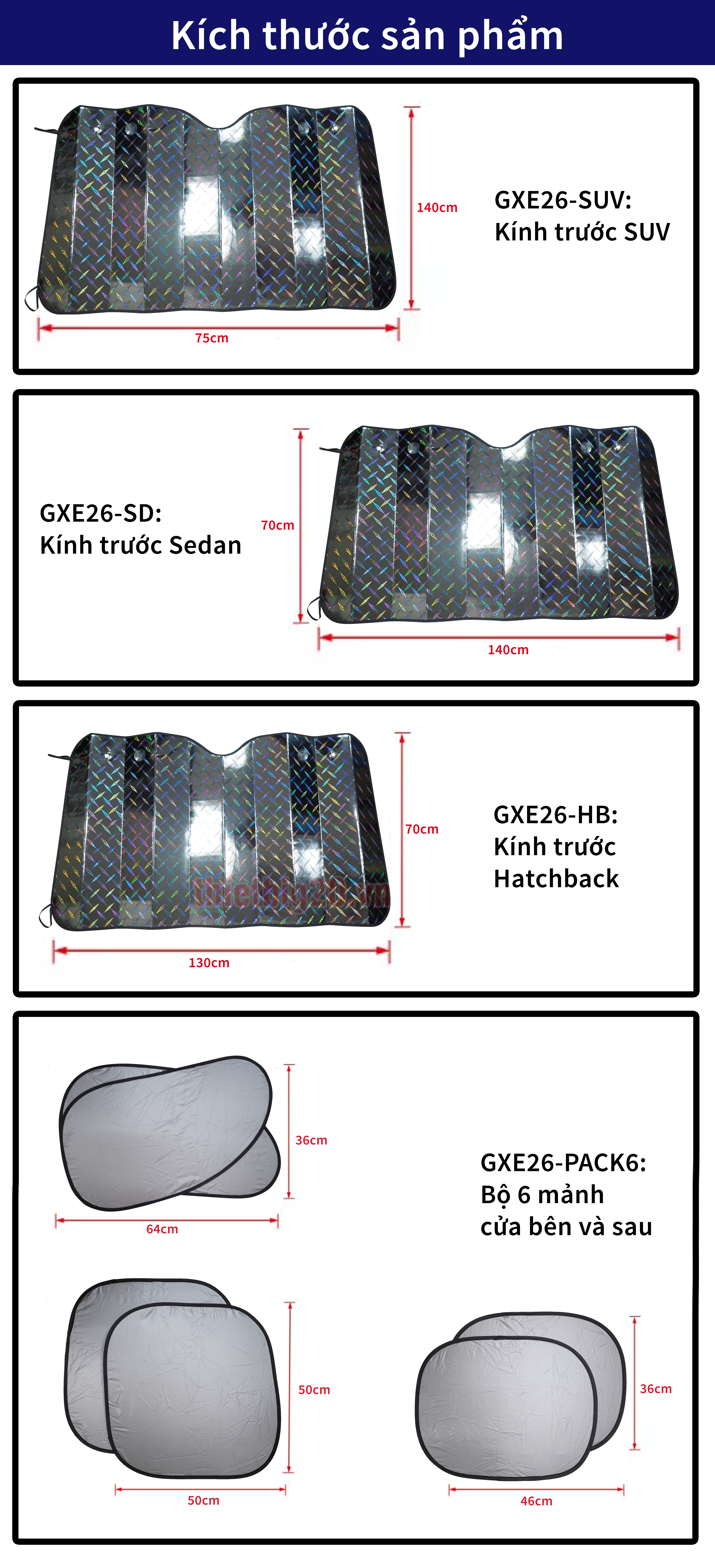 Kích thước các tấm cách nhiệt trong bộ sản phẩm