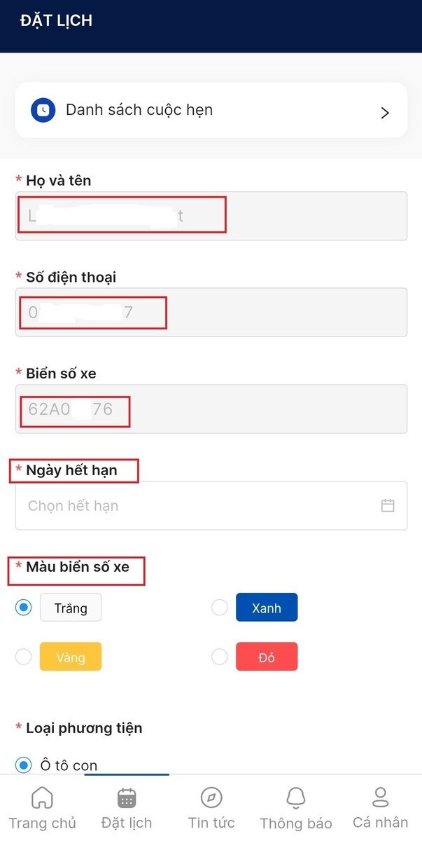 Giao diện nhập thông tin để đăng ký lịch hẹn đăng kiểm xe ô tô trên ứng dụng TTDK