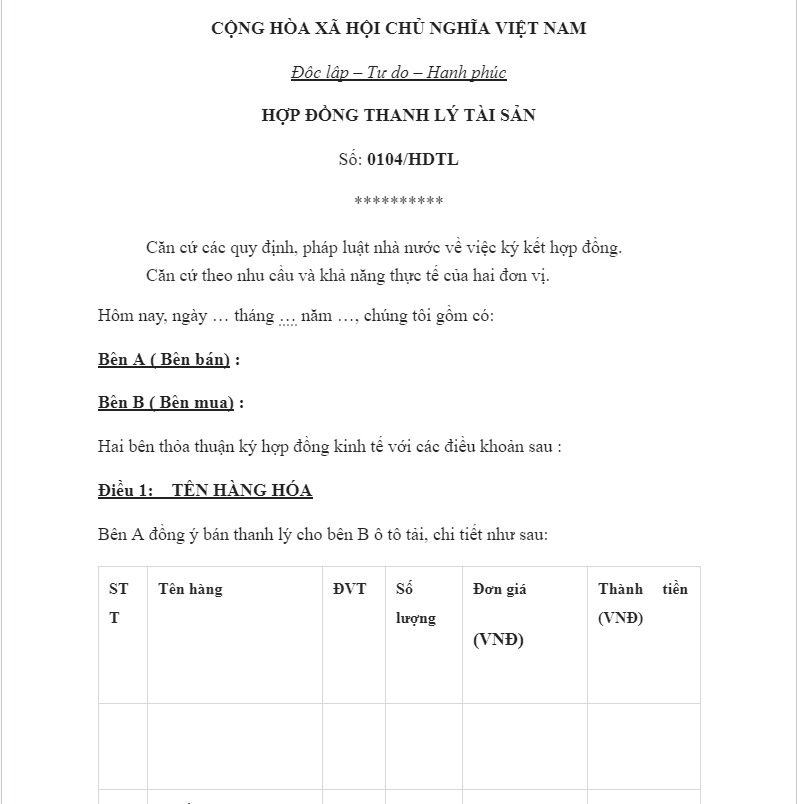 Mẫu thanh lý tài sản cố định xe ô tô chi tiết nhất