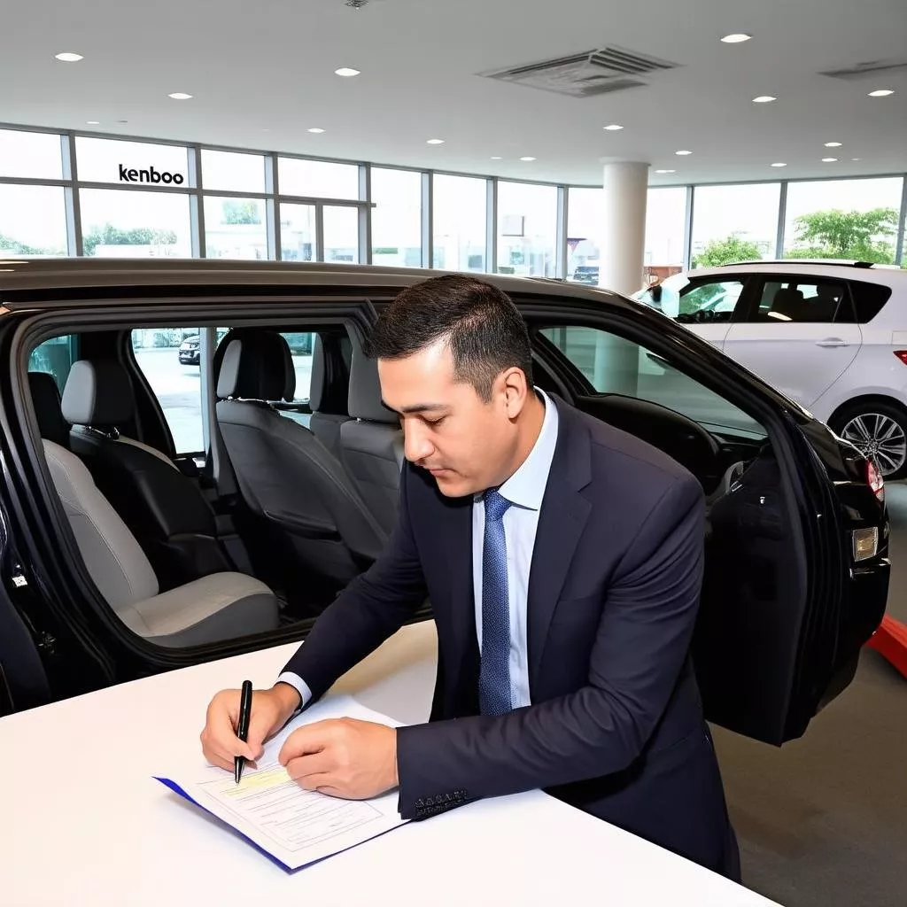 Khách hàng đang hoàn tất thủ tục mua xe ô tô Kenbo 7 chỗ tại đại lý