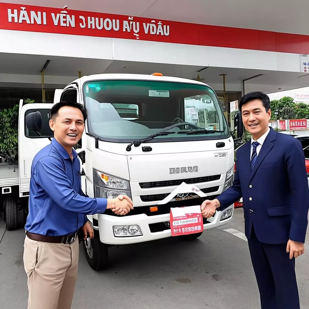 Cảnh bàn giao xe ô tô mới giữa nhân viên đại lý và khách hàng
