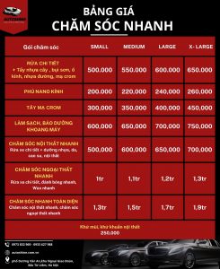 Bảng giá dịch vụ chăm sóc nhanh xe ô tô