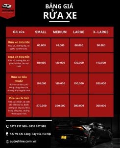 Bảng giá các gói dịch vụ rửa xe ô tô cao cấp tại Autoshine