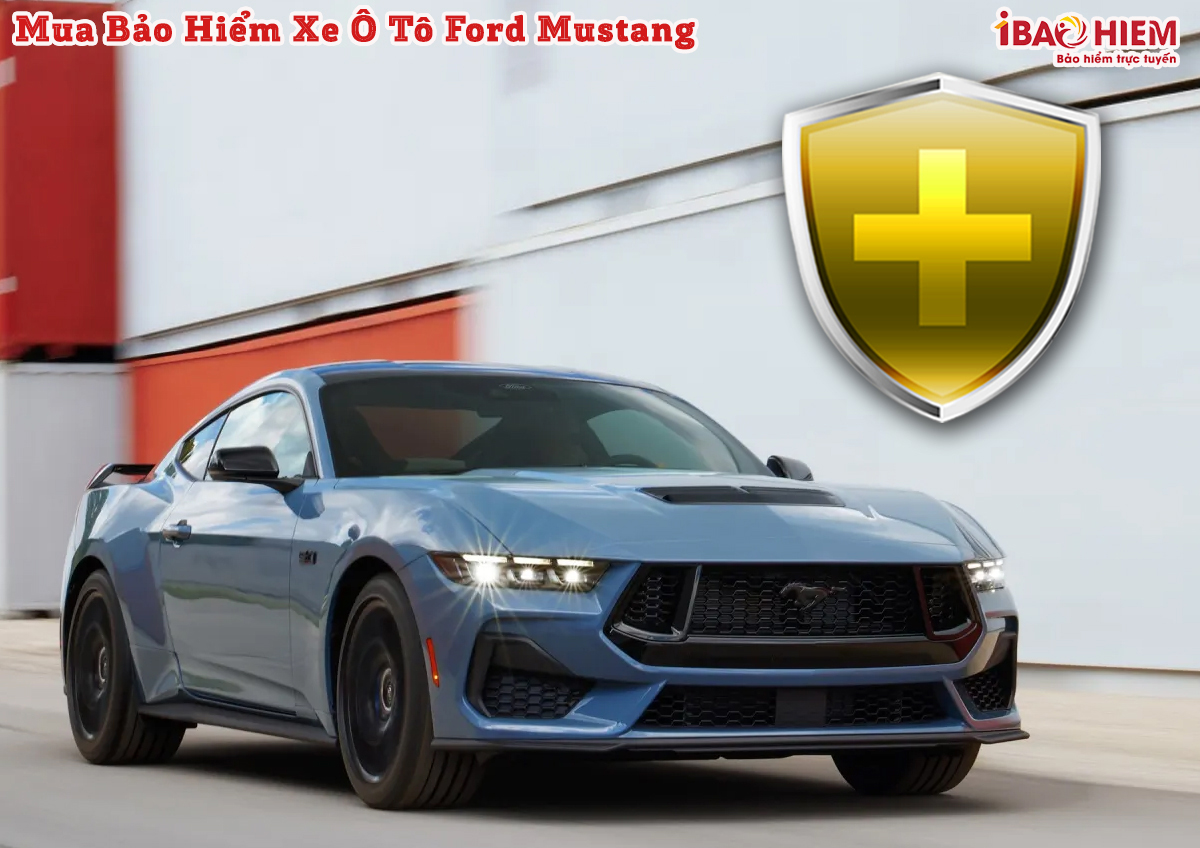 Hình ảnh xe ô tô Ford Mustang màu đỏ và biểu tượng bảo hiểm