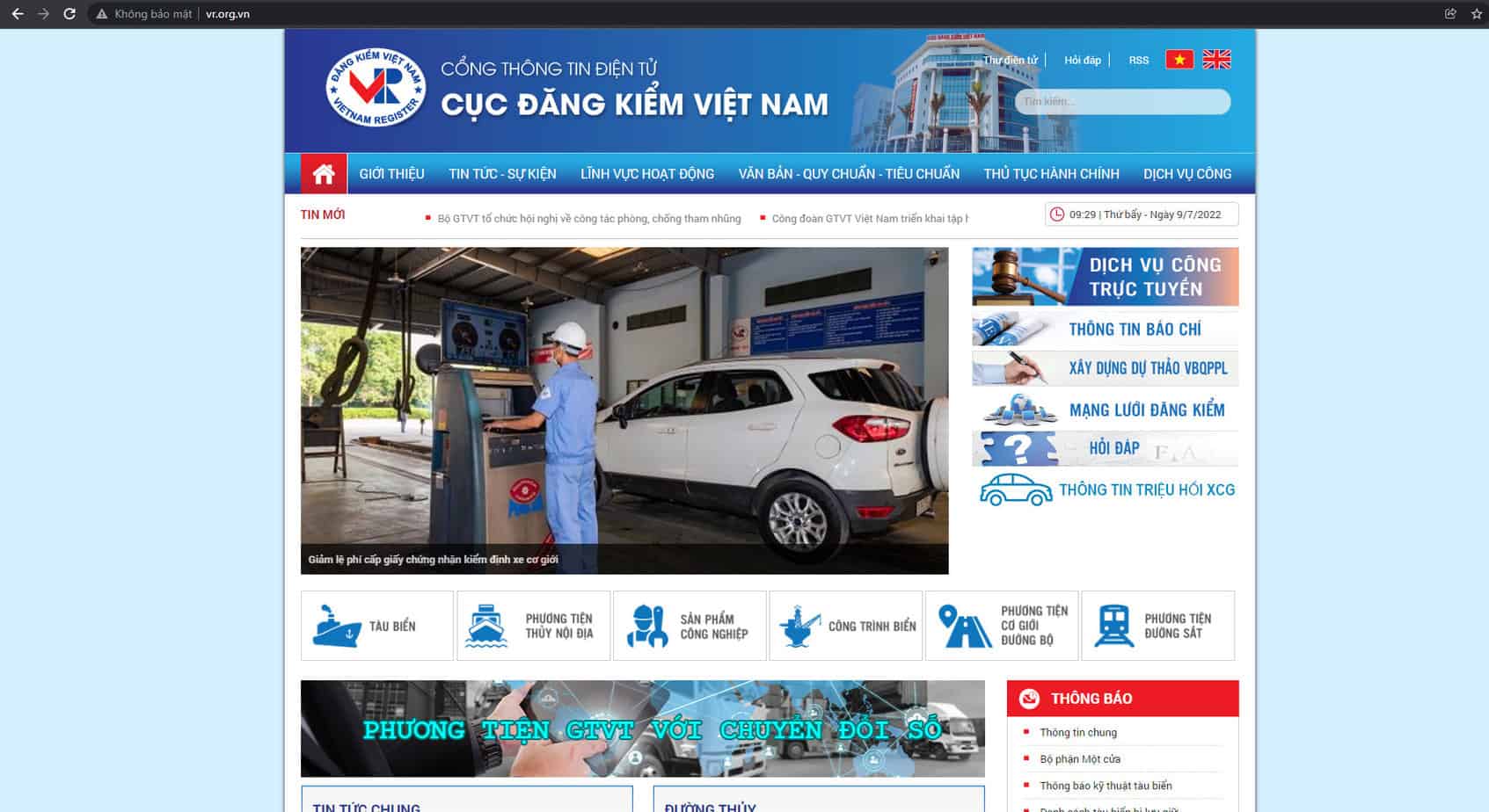 Giao diện website Cục Đăng kiểm Việt Nam để tra cứu thông tin đăng kiểm