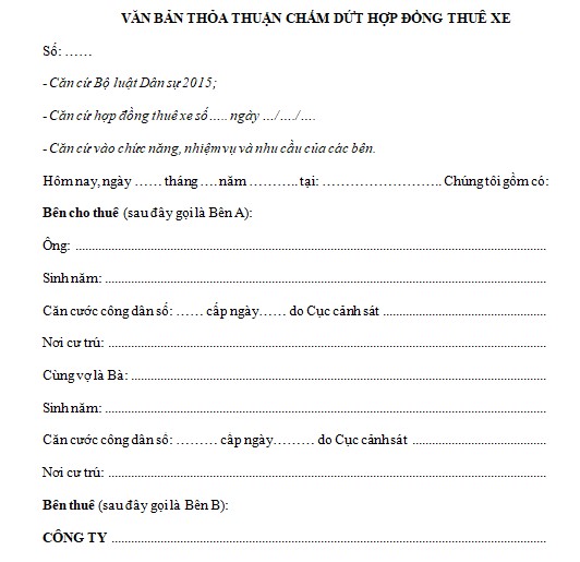 Biên bản chấm dứt hợp đồng thuê xe ô tô