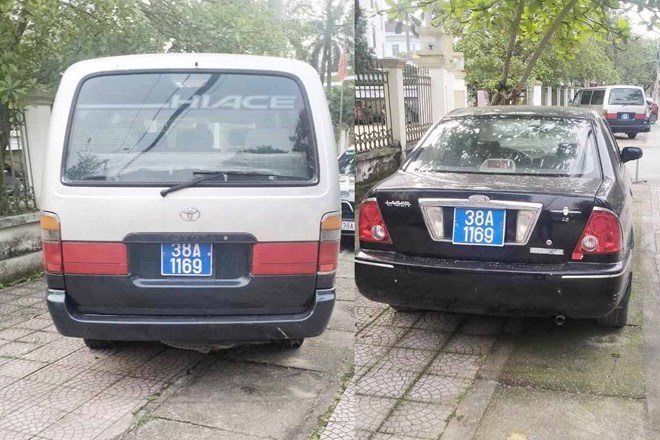 Hai chiếc xe ô tô (Toyota 16 chỗ và Ford Laser 5 chỗ) đậu cạnh nhau tại Hà Tĩnh mang trùng biển số xanh 38A-1169, gây xôn xao dư luận và cần xác minh