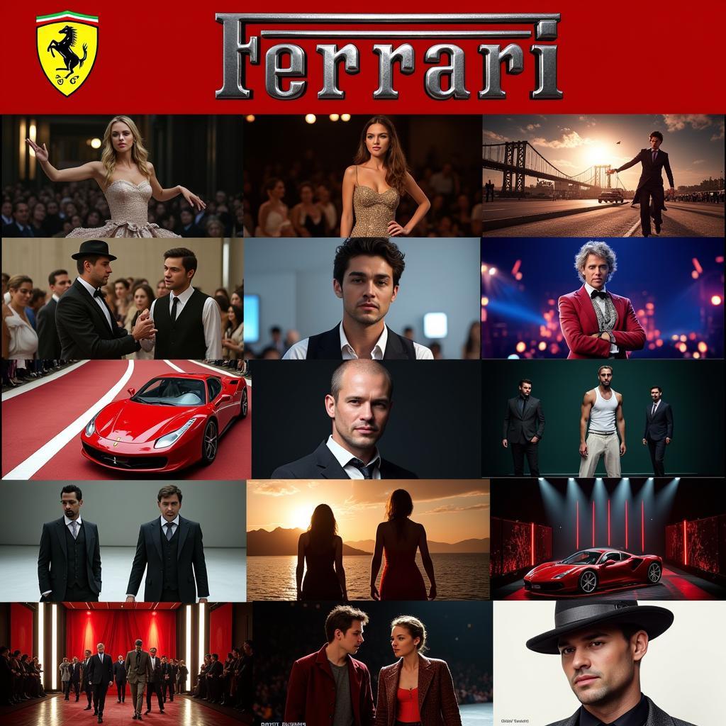 Biểu tượng xe ô tô logo con ngựa Ferrari trên trang phục, thể hiện sự sang trọng trong văn hóa đại chúng