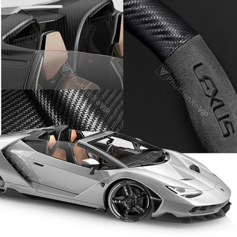 Cận cảnh chất liệu da lộn và sợi carbon trên bọc vô lăng xe ô tô