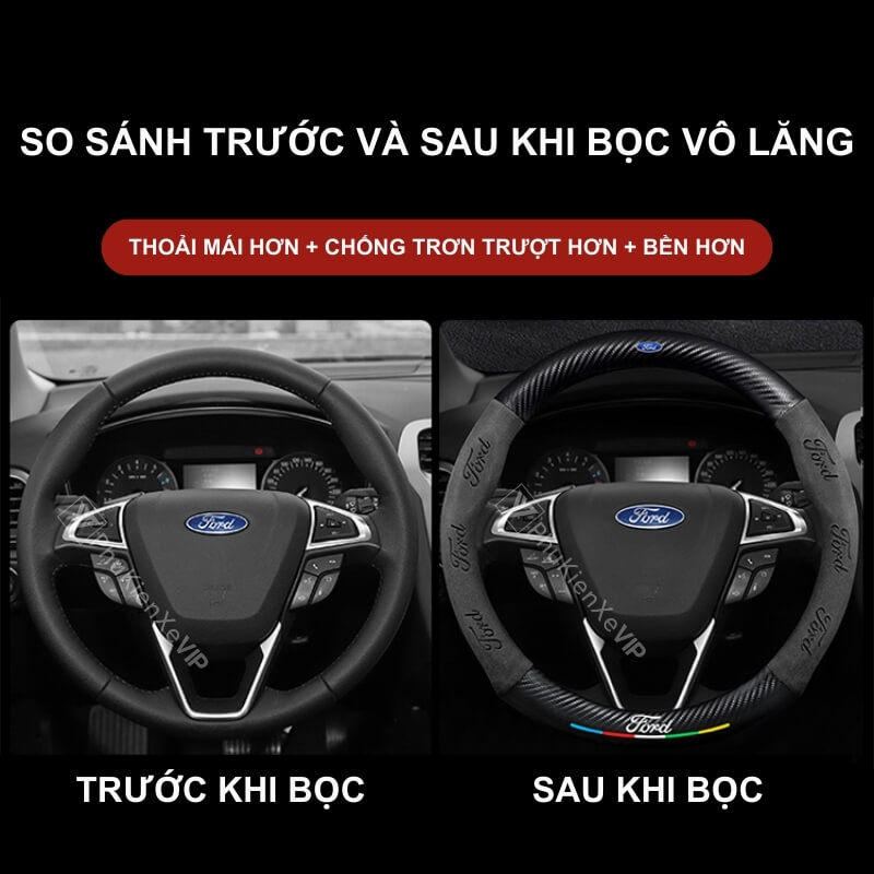 So sánh ngoại thất vô lăng xe ô tô Ford Transit trước và sau khi bọc da lộn sợi Carbon