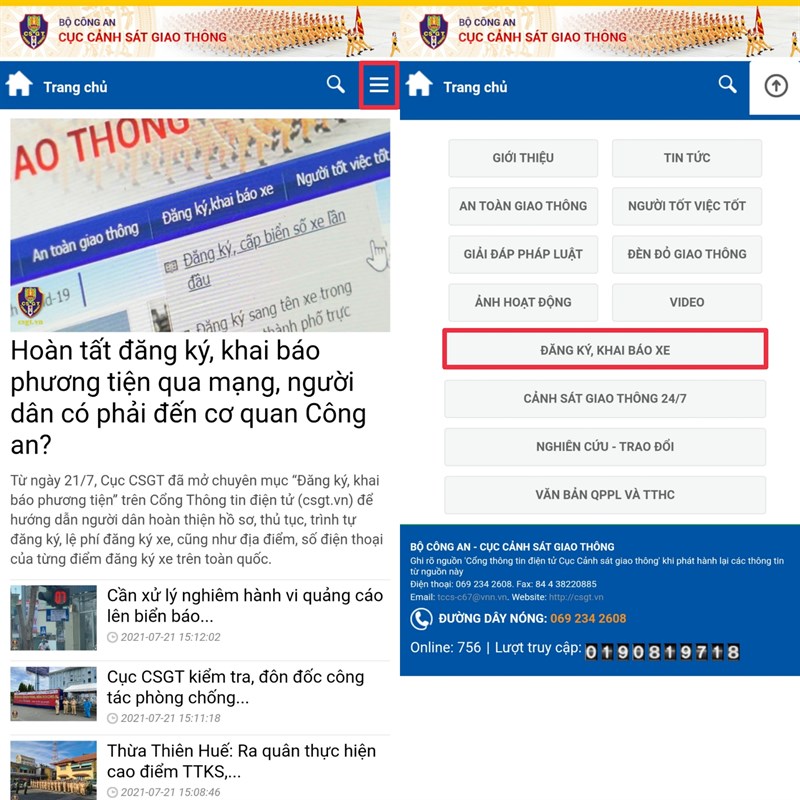 Màn hình truy cập mục đăng ký khai báo xe trên cổng dịch vụ công