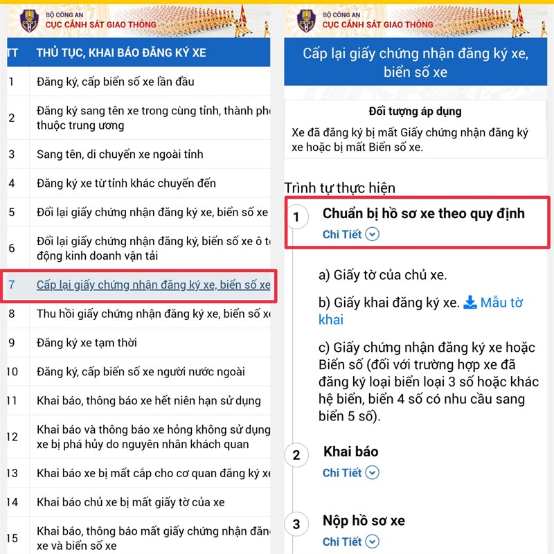 Lựa chọn mục cấp lại giấy chứng nhận đăng ký biển số xe online