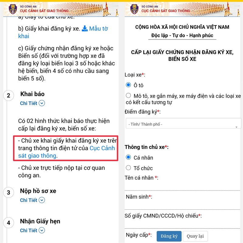 Điền thông tin cá nhân và thông tin xe khi làm thủ tục online