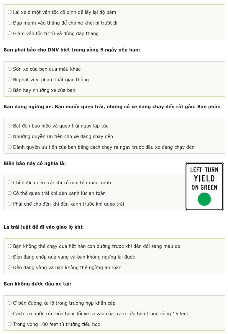 Bộ đề thi lý thuyết lái xe ô tô