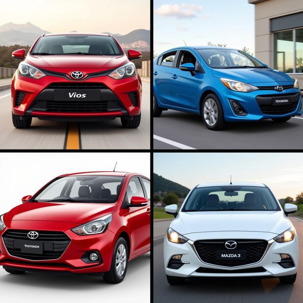 Tổng hợp hình ảnh các mẫu xe ô tô cũ phổ biến trong phân khúc 300 đến 400 triệu đồng, bao gồm Toyota Vios, Hyundai Accent, Kia Cerato, và Mazda3