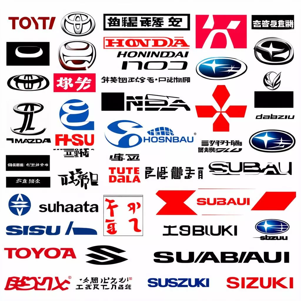Mô tả ảnh chụp nhiều logo các hãng xe ô tô của Nhật Bản như Toyota, Honda, Nissan, Mazda, Mitsubishi