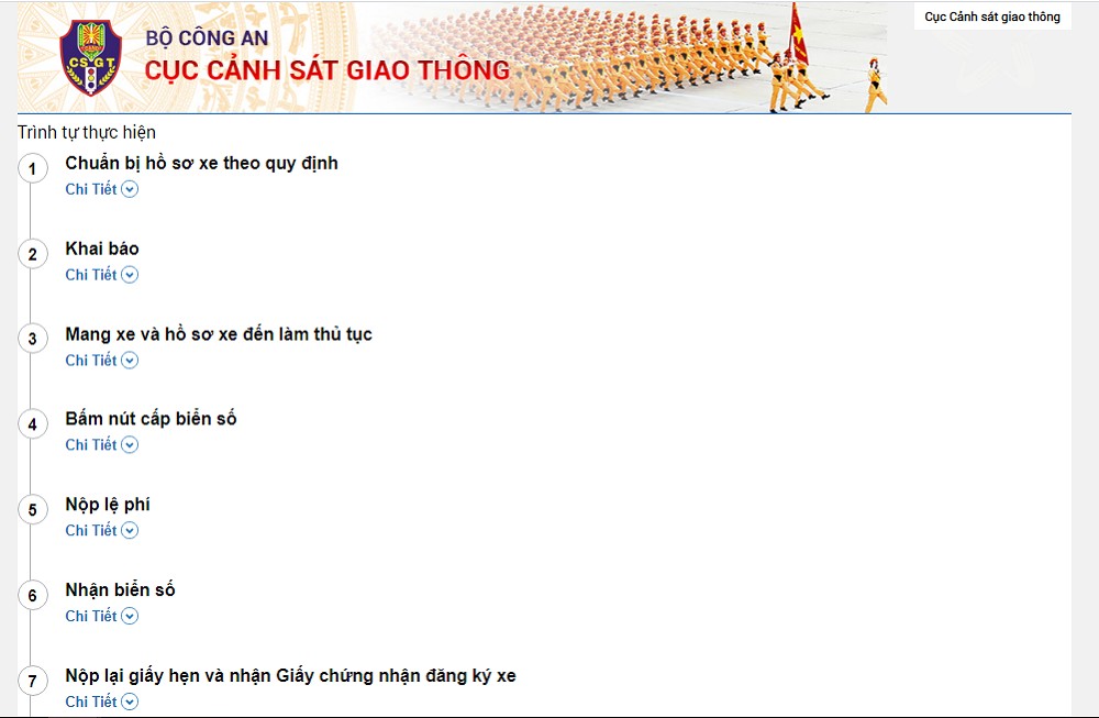 Screenshot trang web Cục Cảnh sát Giao thông tải mẫu giấy khai đăng ký xe ô tô