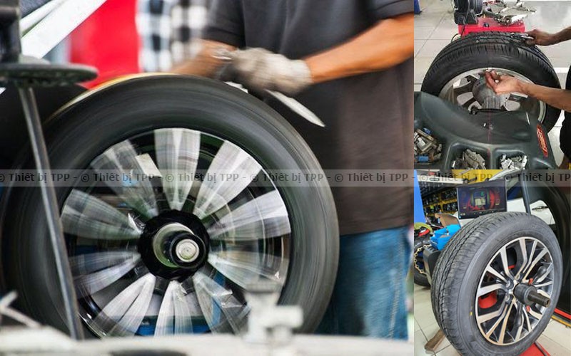 Kỹ thuật viên thực hiện cân bằng mâm lốp xe ô tô trên máy