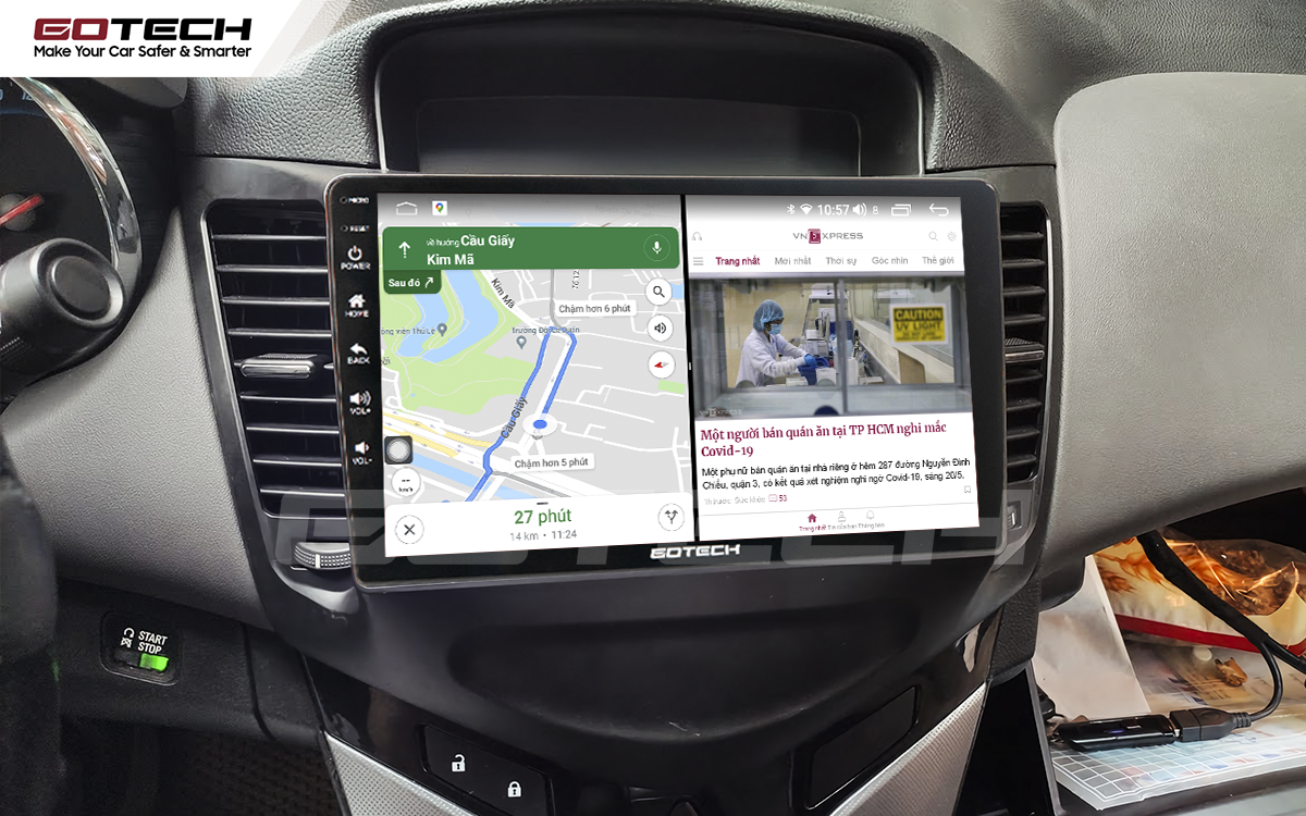Ví dụ giao diện chạy đa nhiệm chia đôi màn hình trên màn hình ô tô GOTECH xe Chevrolet Cruze 2015