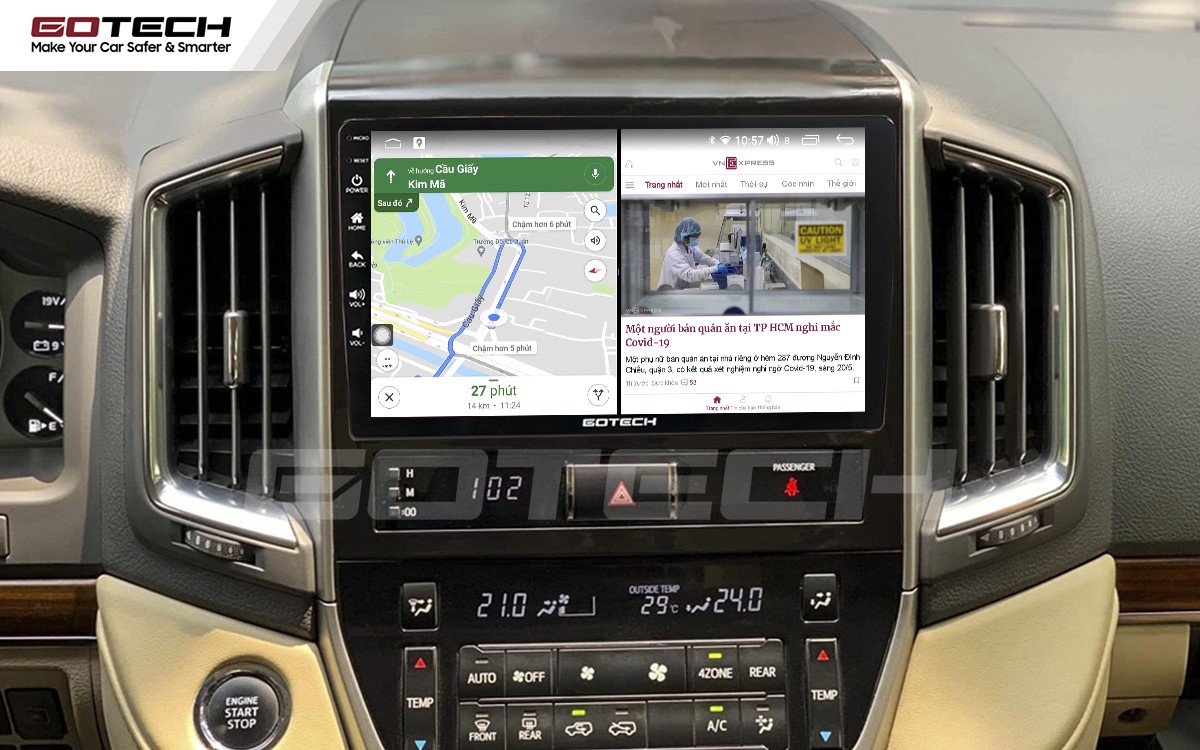 Giao diện chia đôi màn hình chạy đa nhiệm trên màn hình ô tô GOTECH Land Cruiser