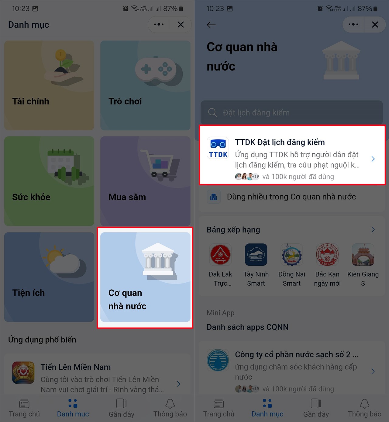 Chọn danh mục Cơ quan nhà nước và Mini App TTDK Đặt lịch đăng kiểm