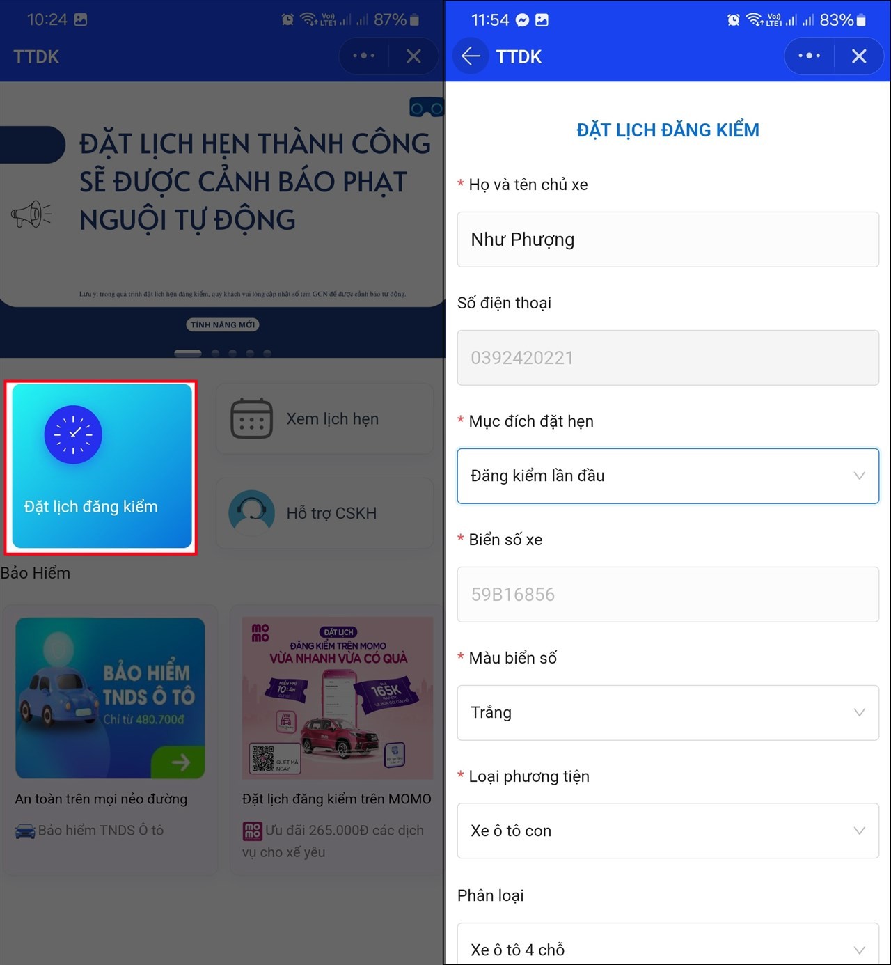 Giao diện nhập thông tin xe để đặt lịch đăng kiểm trên Zalo