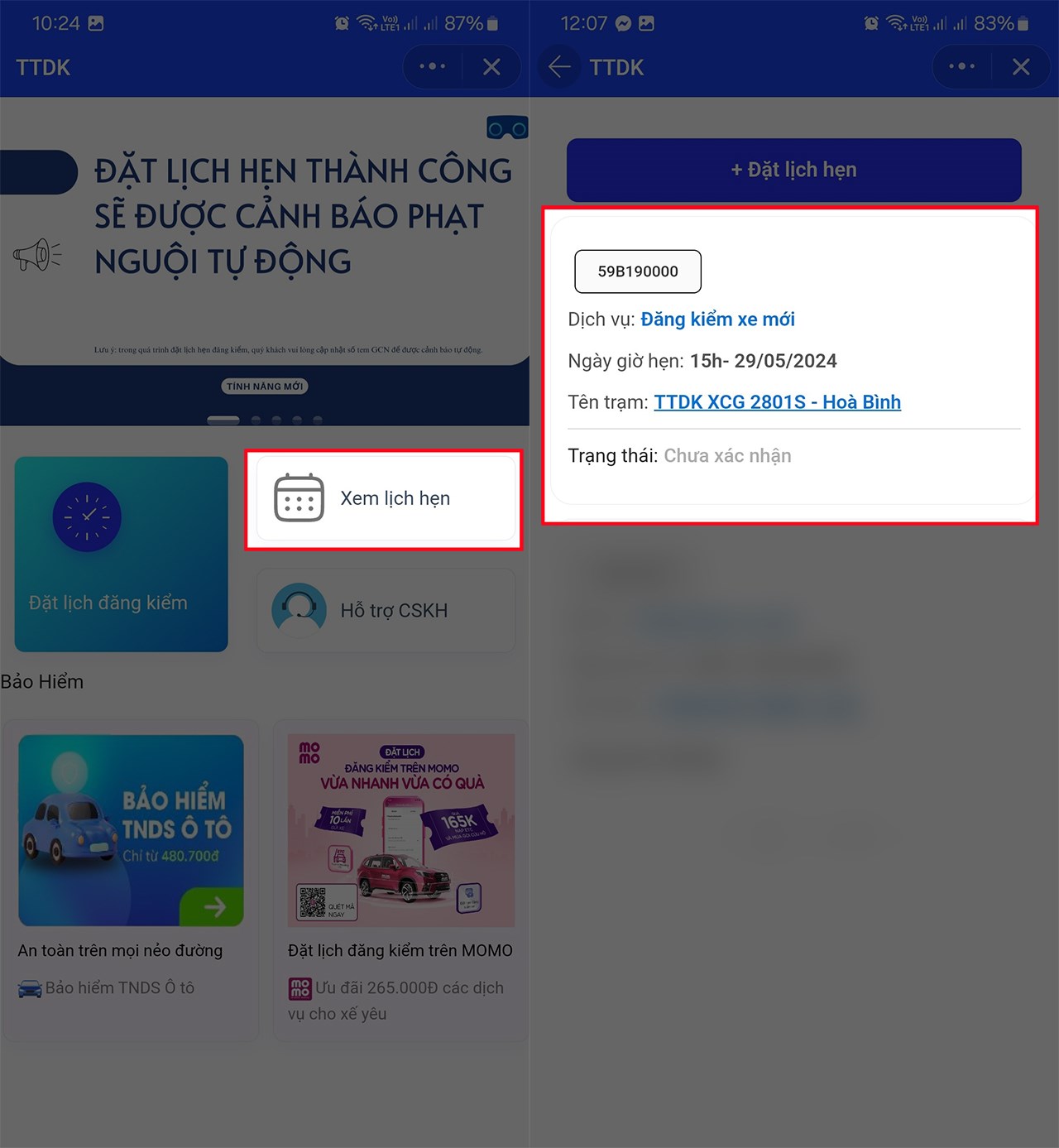 Giao diện xem lịch hẹn đăng kiểm xe ô tô trên Zalo