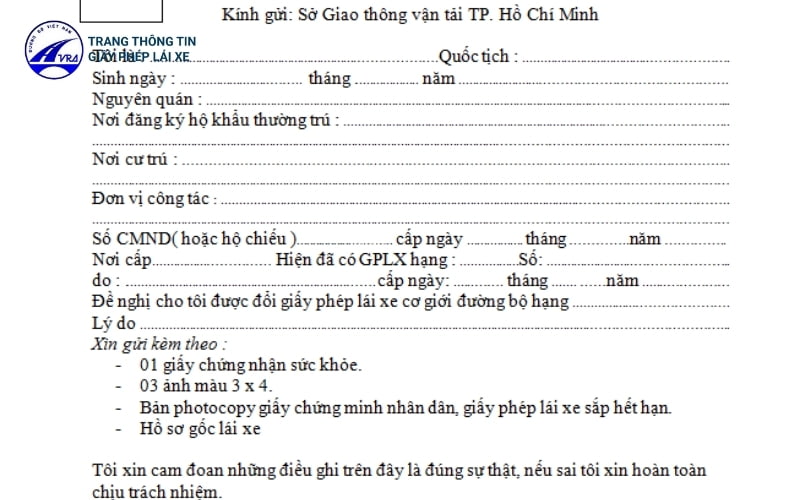 đổi bằng lái xe ô tô qua bưu điện: mẫu đơn đề nghị cấp đổi giấy phép lái xe