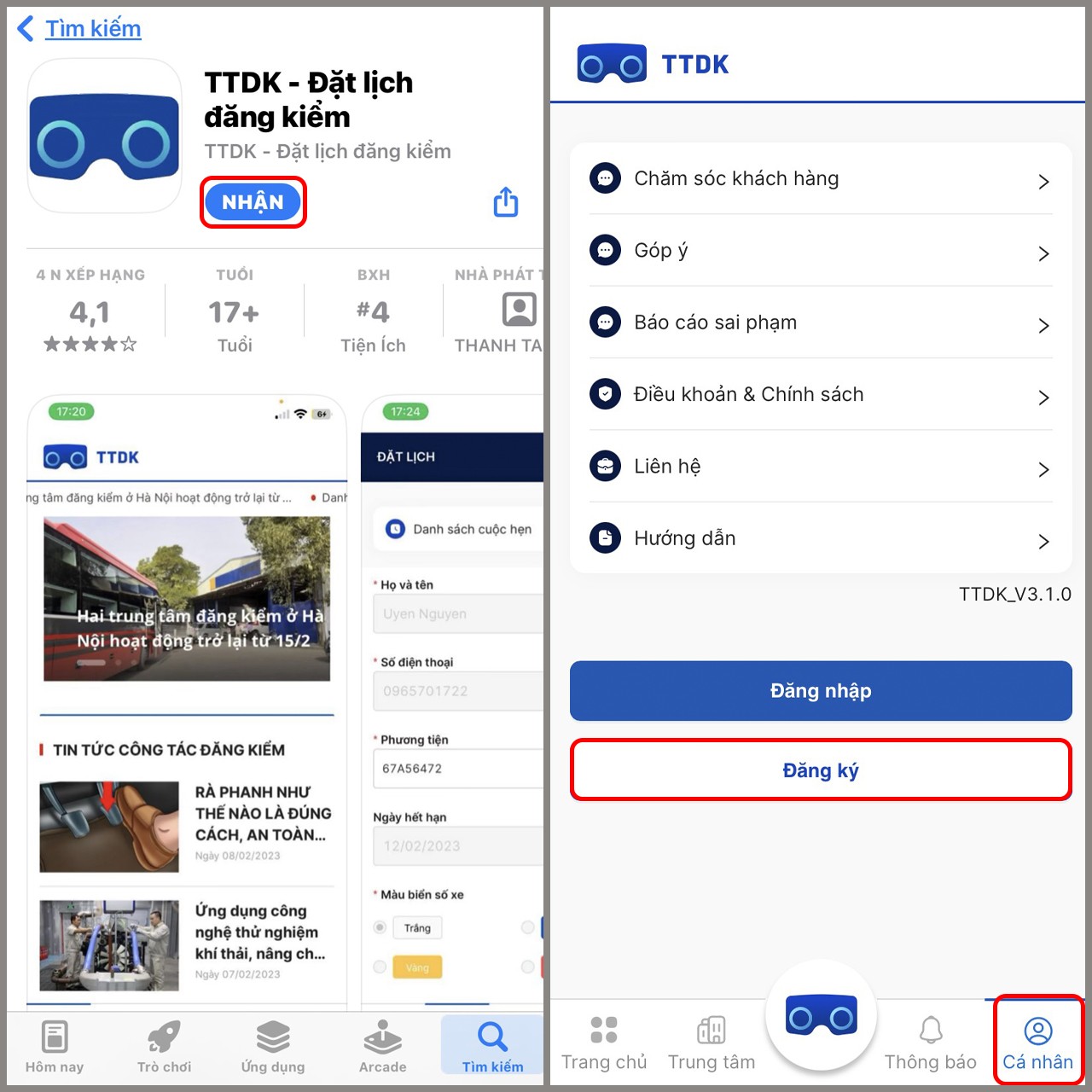 Giao diện ứng dụng TTDK trên điện thoại khi bắt đầu đăng ký tài khoản đăng kiểm online