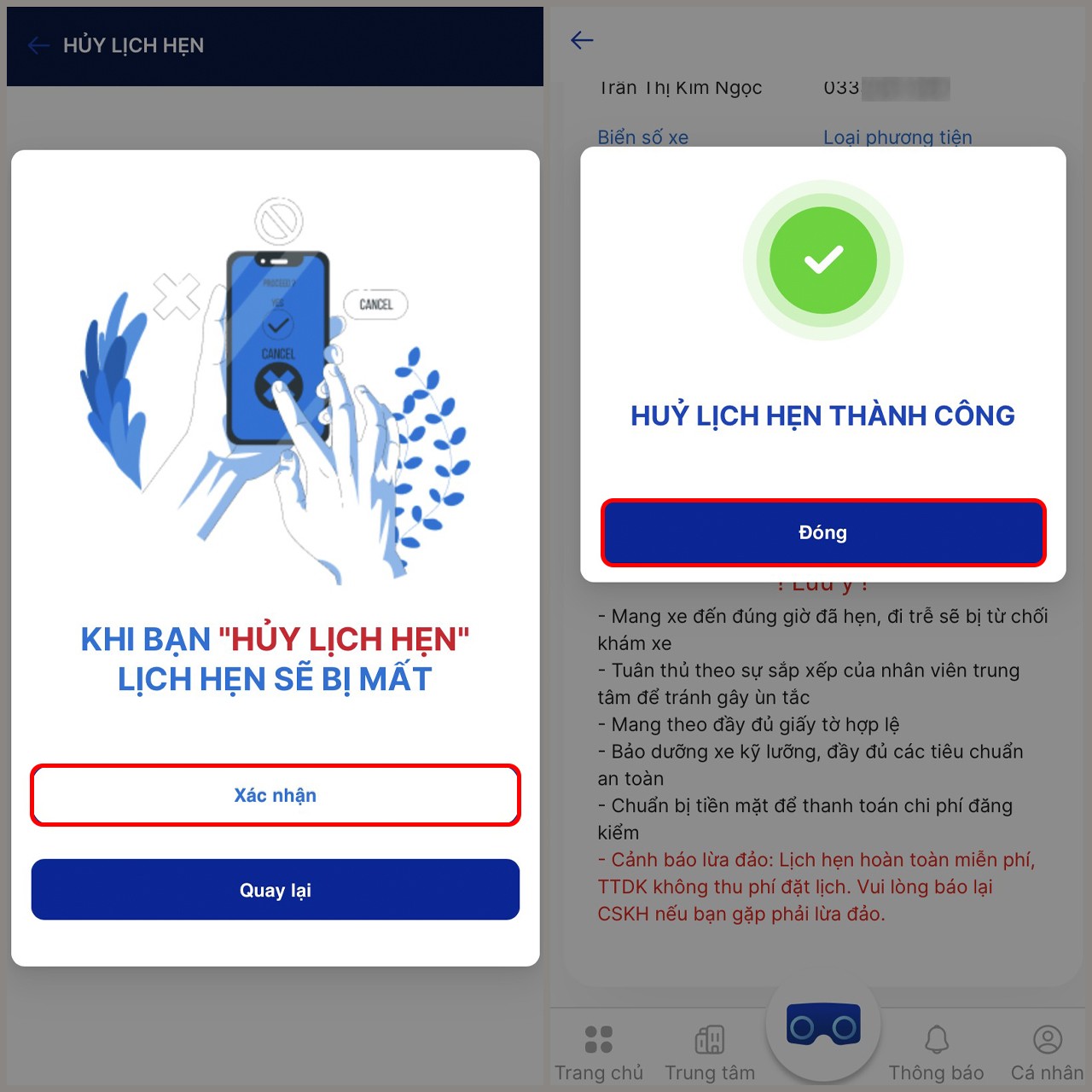 Thông báo xác nhận hủy lịch hẹn đăng kiểm online thành công trên ứng dụng TTDK
