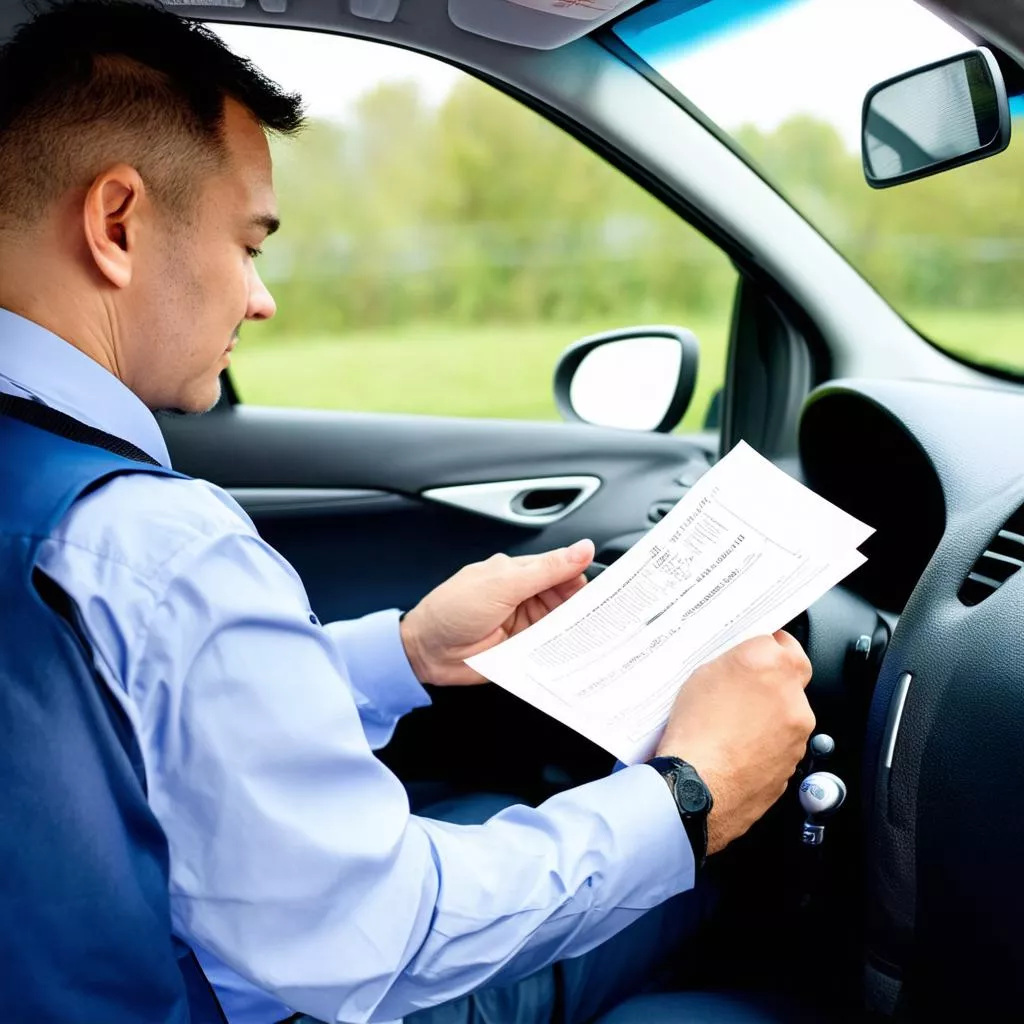 Giáo viên dạy lái xe ô tô đang kiểm tra giấy tờ