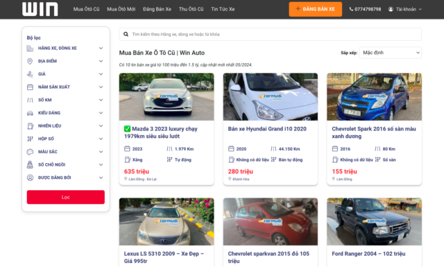 Giao diện Winauto.vn - Trang web mua bán xe ô tô cũ uy tín