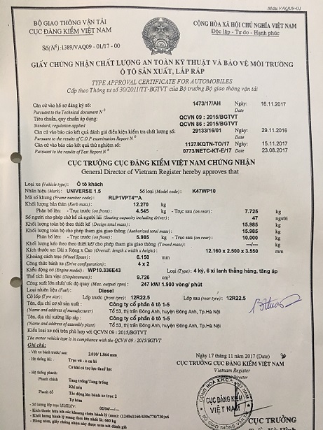 Giấy chứng nhận chất lượng xe ô tô 47 chỗ