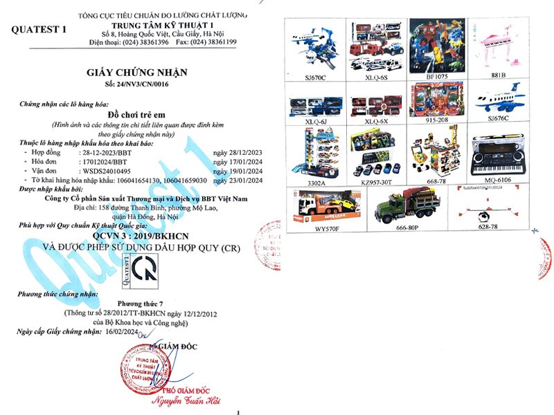 Giấy chứng nhận kiểm định chất lượng cho đồ chơi mô hình xe ô tô