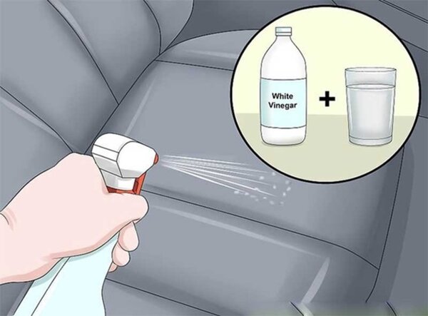 Bình xịt chứa hỗn hợp giấm trắng pha loãng đặt trên bảng điều khiển xe ô tô