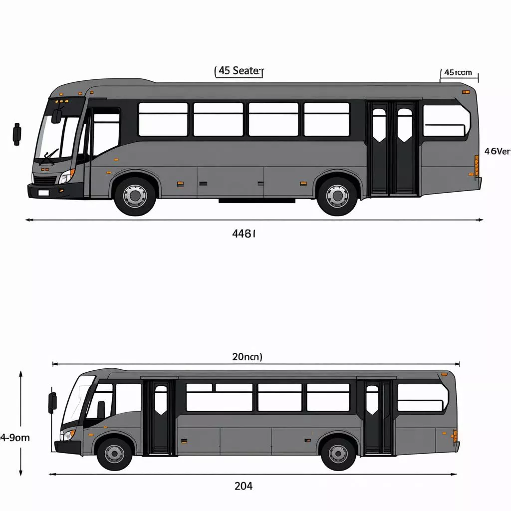 Biểu đồ minh họa các chiều kích thước cơ bản của xe ô tô 45 chỗ: dài, rộng, cao