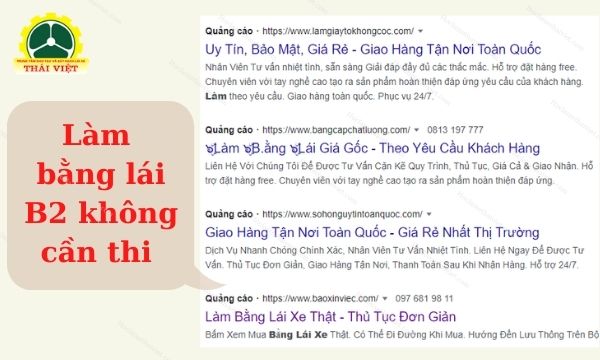 Quảng cáo rao bán làm bằng lái xe ô tô B2 không cần thi