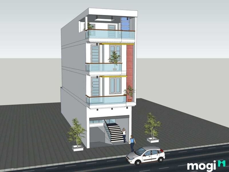 Gara tầng hầm với đường dốc cho xe ô tô vào nhà