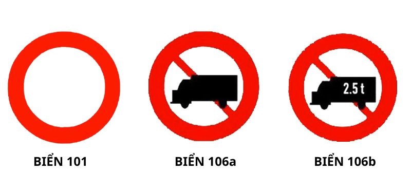 Biển báo cấm đường số 101, 106a và 106b liên quan lỗi xe ô tô đi vào đường cấm