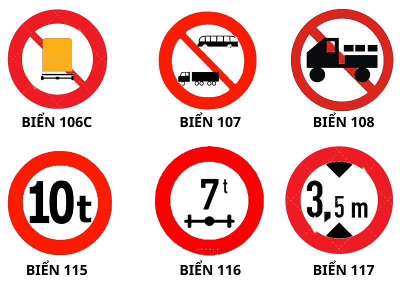 Các biển báo cấm xe tải theo loại xe và trọng lượng (106c, 107, 108, 115, 116, 117)